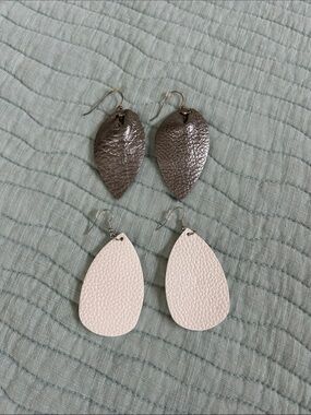 Handcrafted Metallic Gray and White Leather Teardrop Earrings - Women Jewelry